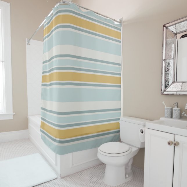 Muted Blue and Mustard Modern Stripe Bathroom (In Situ)
