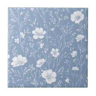 Muted Blue And White Wildflower Pattern Tile