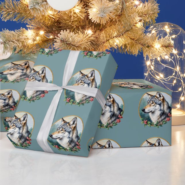 Muted Blue Folk Art Wolf Gift Wrap Roll (Holidays)