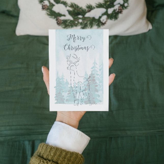 Muted Blue Green Line Reindeer Winter Christmas Holiday Postcard (Creator Uploaded)