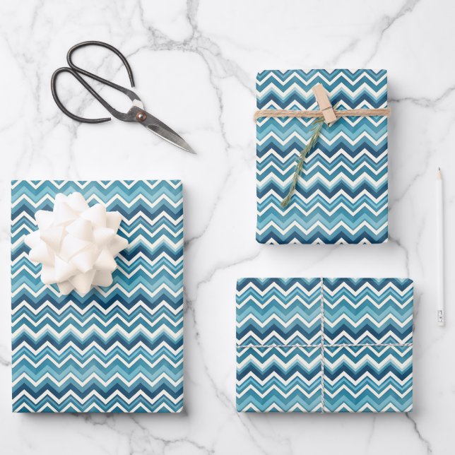 Muted Blue & Off White Chevron Wrapping Paper Sheet (Front)