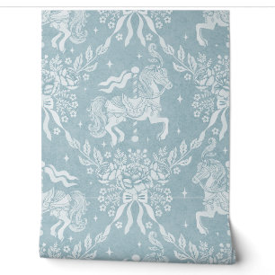 Muted Blue Rococo Carousel Horses & Florals Wallpaper