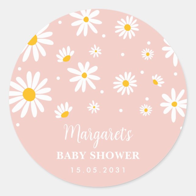 Muted Blush Boho Daisy Flower Baby Girl Shower Classic Round Sticker (Front)