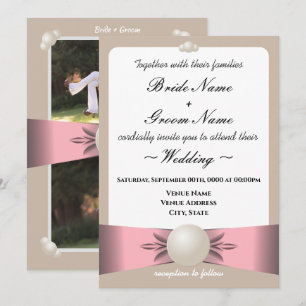Muted Blush & Tan Pearl Ribbon Photo Wedding Invitation
