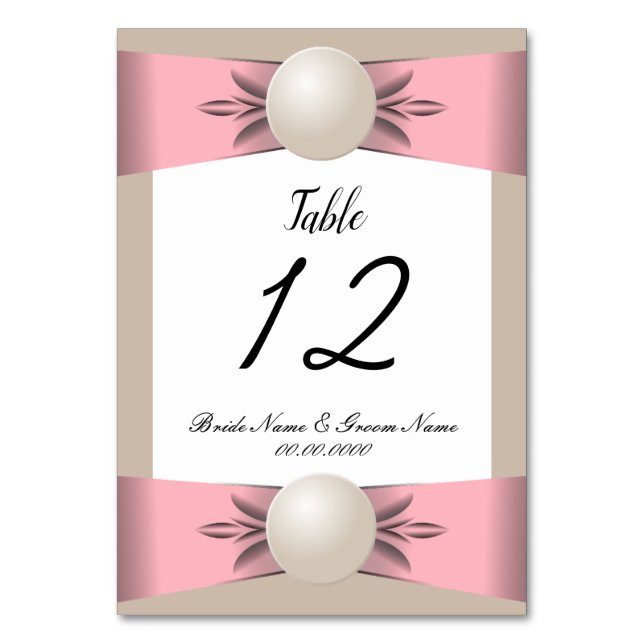 Muted Blush & Tan Pearl Ribbon Wedding Table Number (Front)