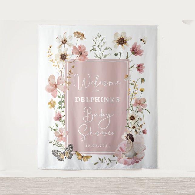 Muted Blush Wildflower Fairy Baby Shower Welcome Tapestry (Front)