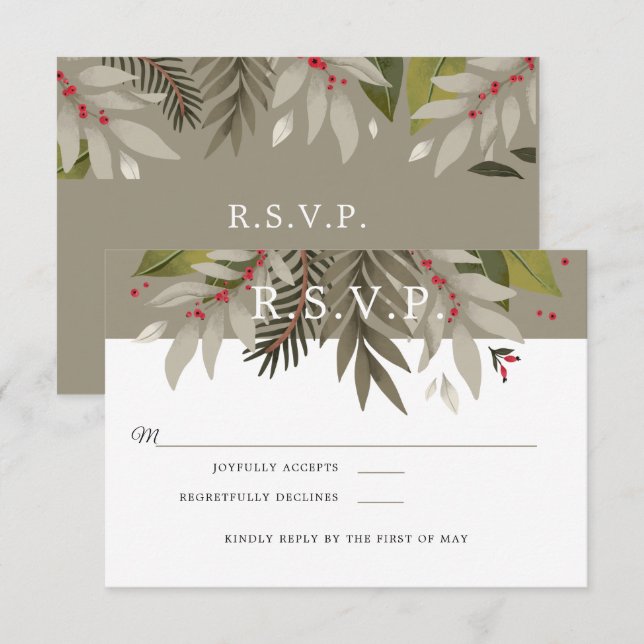 Muted Botanical |Moss Grey & Red | Wedding RSVP (Front/Back)