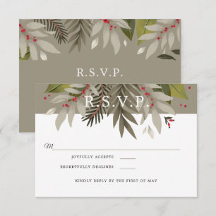 Muted Botanical  Moss Grey & Red   Wedding RSVP