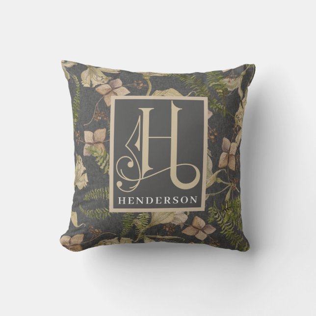 Muted Botanical Pattern Monogram H Throw Pillow (Front)