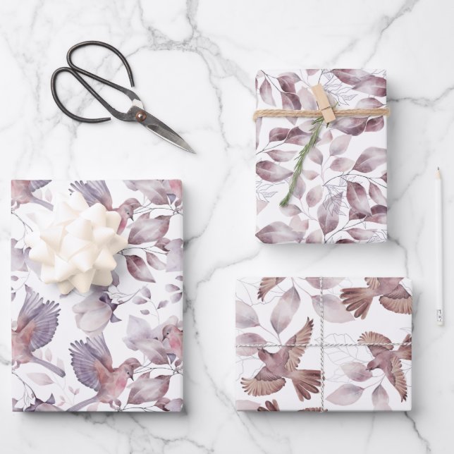 Muted Browns Watercolor Birds and Leaves Wrapping Paper Sheet (Front)