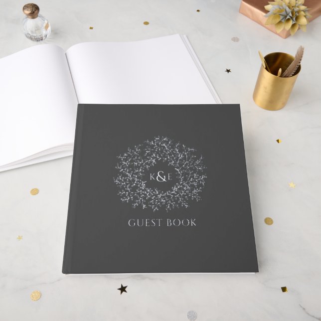 Muted charcoal grey leaf monogram wedding guest book (Front Open)