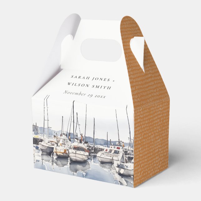 Muted Coastal Boats at Harbour Seascape Wedding Favor Box (Front Side)