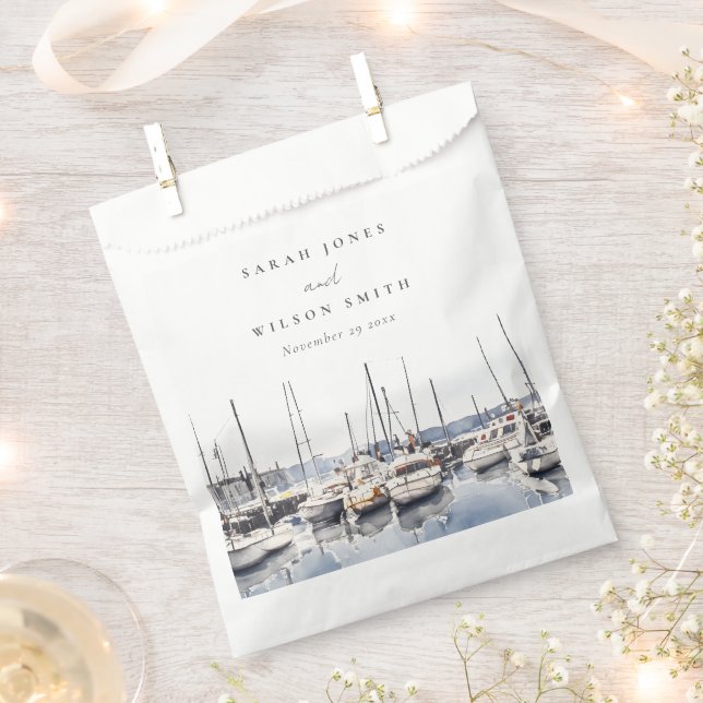 Muted Coastal Boats at Harbour Seascape Wedding Favour Bag (Clipped)