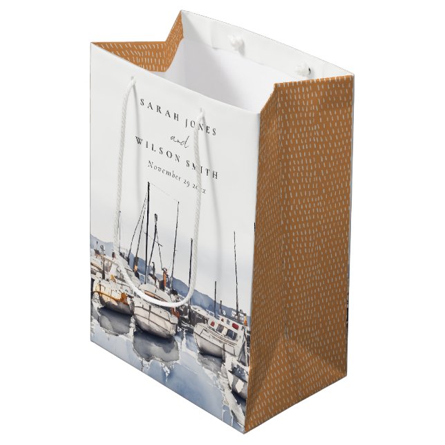 Muted Coastal Boats at Harbour Seascape Wedding Medium Gift Bag (Front Angled)