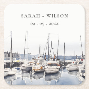 Muted Coastal Boats at Harbour Seascape Wedding Square Paper Coaster