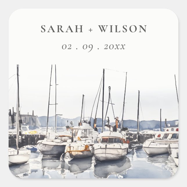 Muted Coastal Boats at Harbour Seascape Wedding Square Sticker (Front)