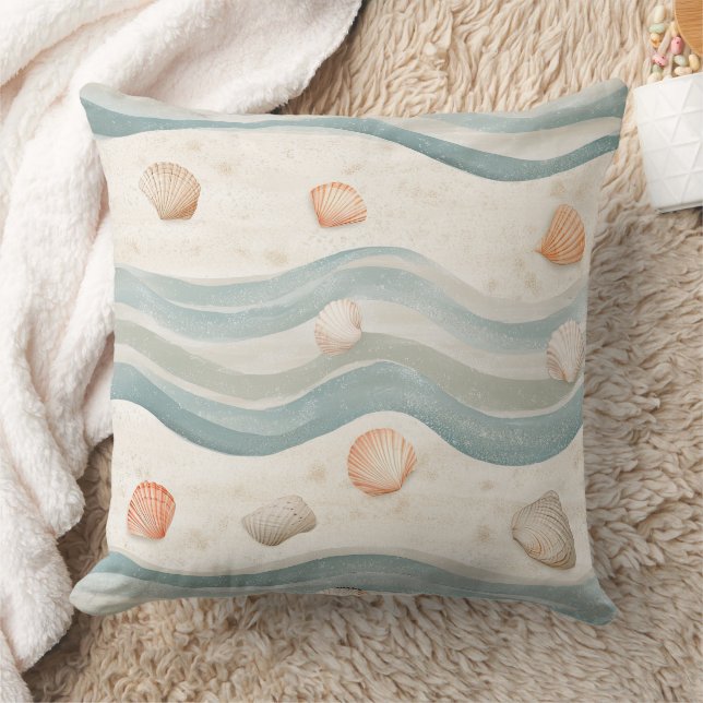 Muted Coastal Seashells Wave - Boho Beach Style Throw Pillow (Blanket)