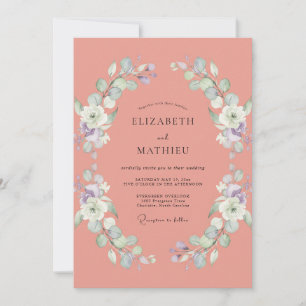 Muted Coral Foliage Eucalyptus Wedding Invitation