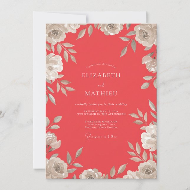 Muted Coral Painted Petal Wedding Invitation (Front)