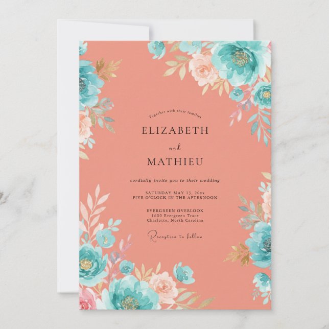 Muted Coral Turquoise Peony Wedding Invitation (Front)