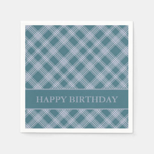 Muted Cyan Plaid Pattern Birthday Napkins