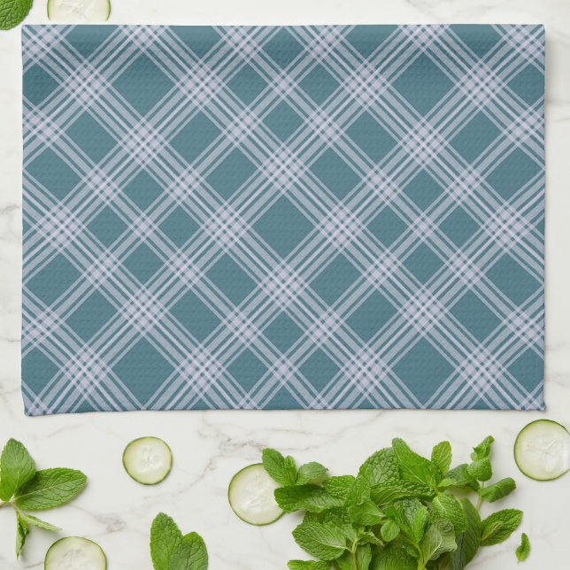 Muted Cyan Plaid Pattern Kitchen Towel (Folded)