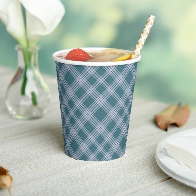 Muted Cyan Plaid Pattern Paper Cups (Insitu)