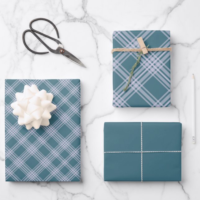 Muted Cyan Plaid Pattern Wrapping Paper Set (Front)