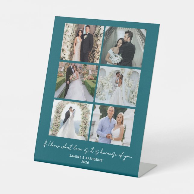 Muted Deep Teal 6 Photo Collage Valentine’s Pedestal Sign (Front)