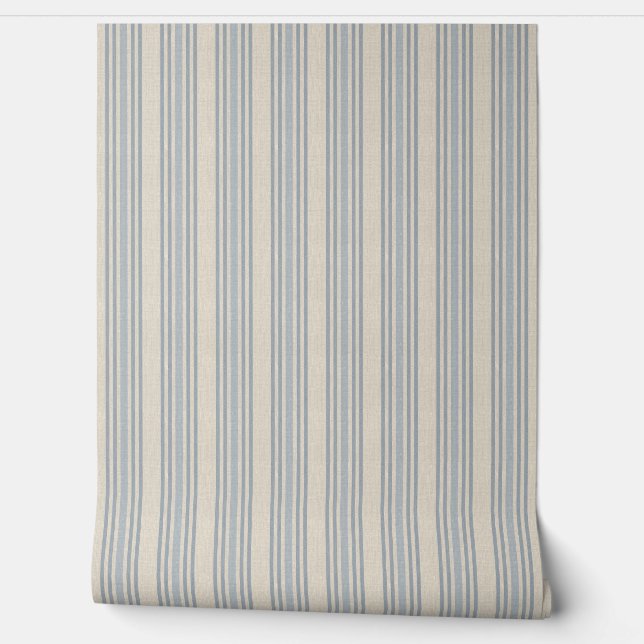 Muted Distressed Blue Farmhouse Ticking Stripe Wallpaper (Unrolling)