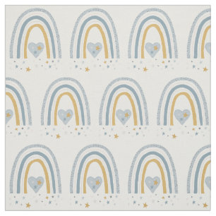 Muted Dusty Blue Gold Rainbow Stars Baby Nursery Fabric