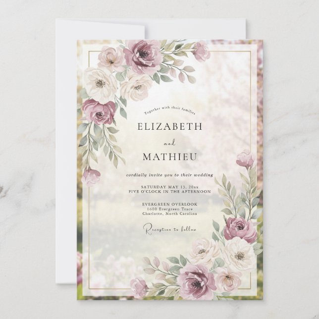 Muted Dusty Mauve Leafy Wedding Invitation (Front)