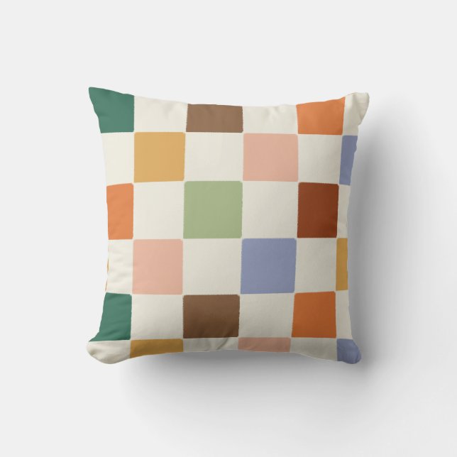 Muted Dusty Rainbow Chequerboard Pattern Throw Pillow (Front)