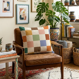Muted Dusty Rainbow Chequerboard Pattern Throw Pillow