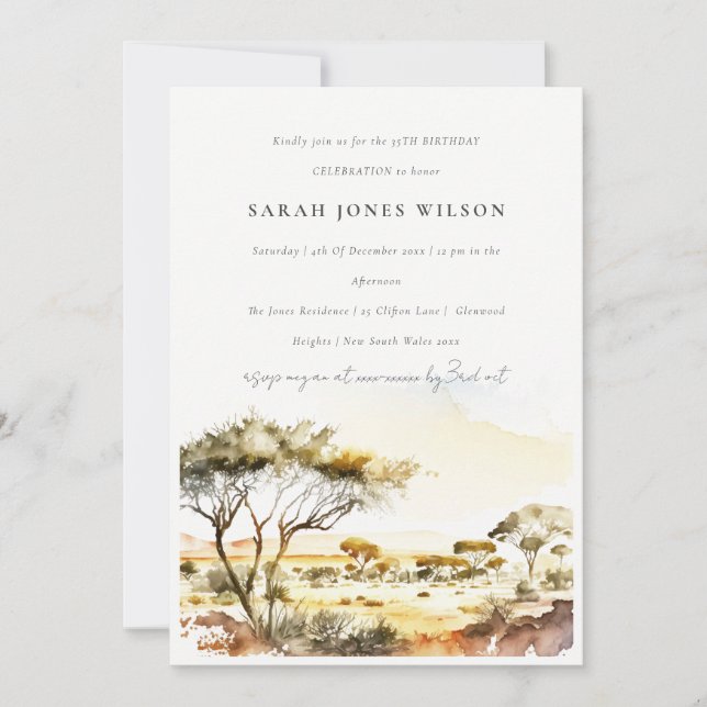 Muted Earthy Watercolor African Landscape Birthday Invitation (Front)