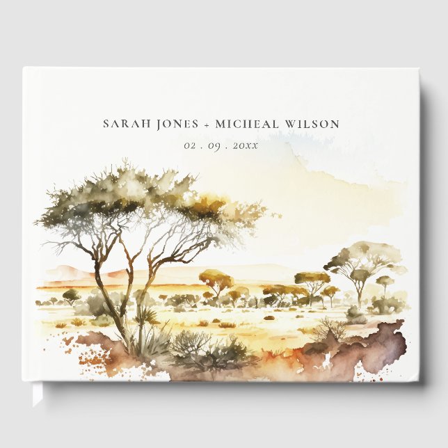 Muted Earthy Watercolor African Landscape Wedding Guest Book (Front)