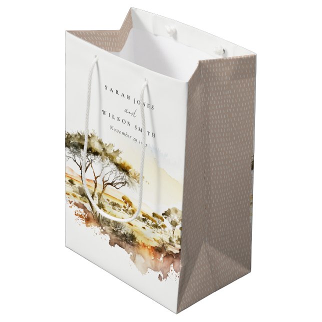 Muted Earthy Watercolor African Landscape Wedding Medium Gift Bag (Front Angled)