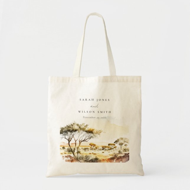 Muted Earthy Watercolor African Landscape Wedding Tote Bag (Front)