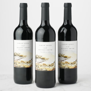 Muted Earthy Watercolor African Landscape Wedding Wine Label