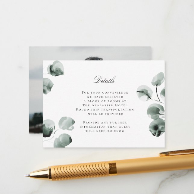 Muted Eucalyptus Scripted Modern Details Green Enclosure Card (Front/Back In Situ)