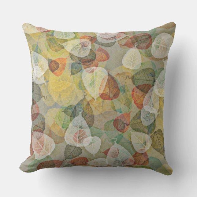 Muted Fall Leaves Orange White Green Outdoor Pillow (Front)