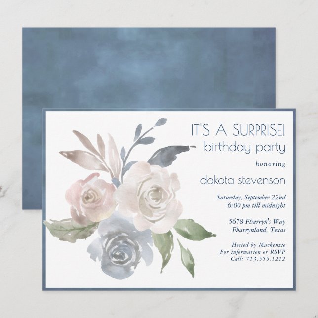 Muted Floral Bouquet | Blue Cream Pink Surprise Invitation (Front/Back)