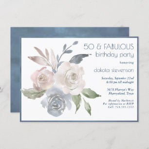 Muted Floral Bouquet Blue Fabulous 50th Birthday Invitation