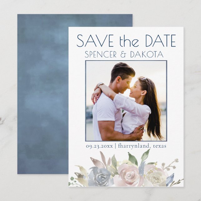 Muted Floral Garland | Blue Yellow Pink Photo Save The Date (Front/Back)