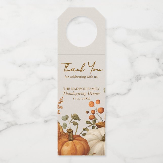 Muted Floral Light Beige Thanksgiving Bottle Tag (Front)