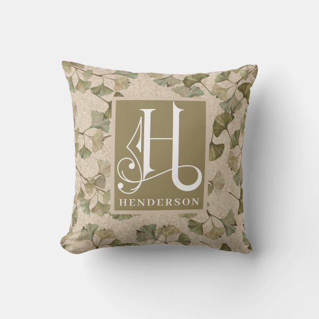 Muted Ginko Pattern Monogram H Throw Pillow (Front)