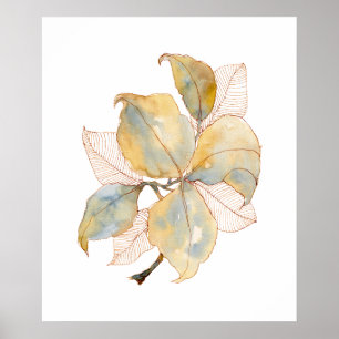 Muted Gold Blue Watercolor Botanical Leaves Poster