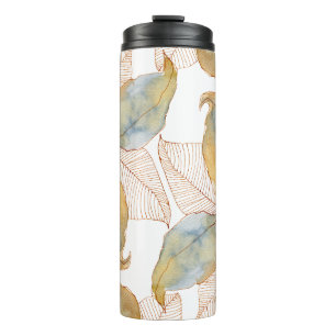 Muted Gold Blue Watercolor Botanical Leaves Thermal Tumbler