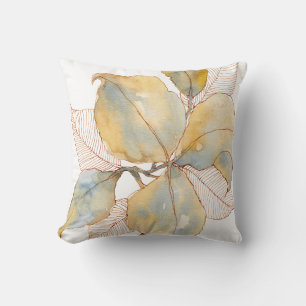 Muted Gold Blue Watercolor Botanical Leaves Throw Pillow