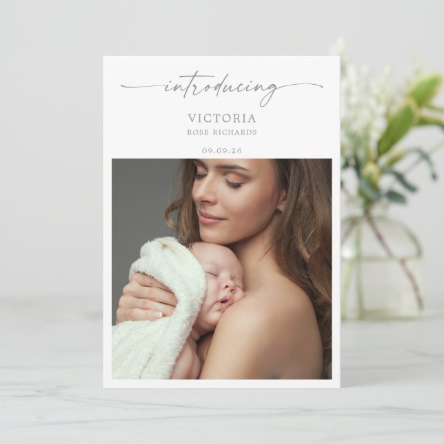 Muted Gray Minimalist Photo Baby Announcement Card (Standing Front)